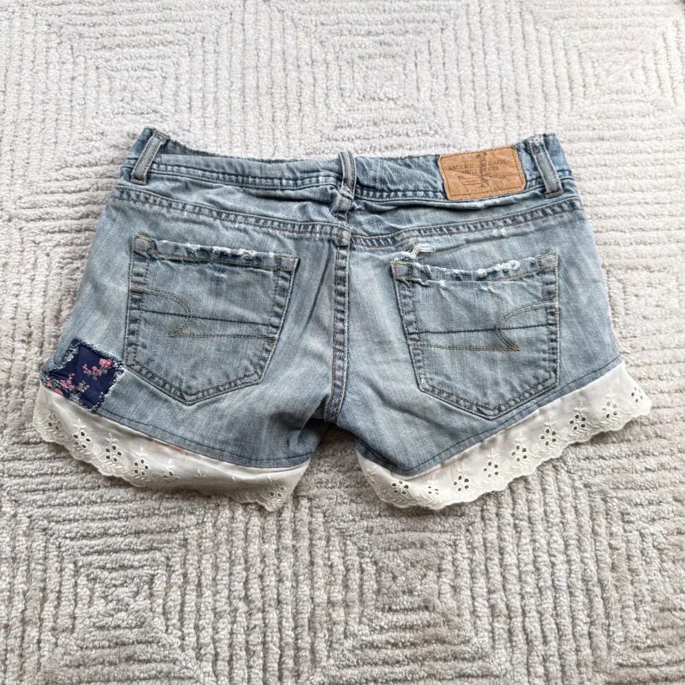 American Eagle Denim Shorts Womens 2 Long Boho Lace Distressed Festival VTG Y2K